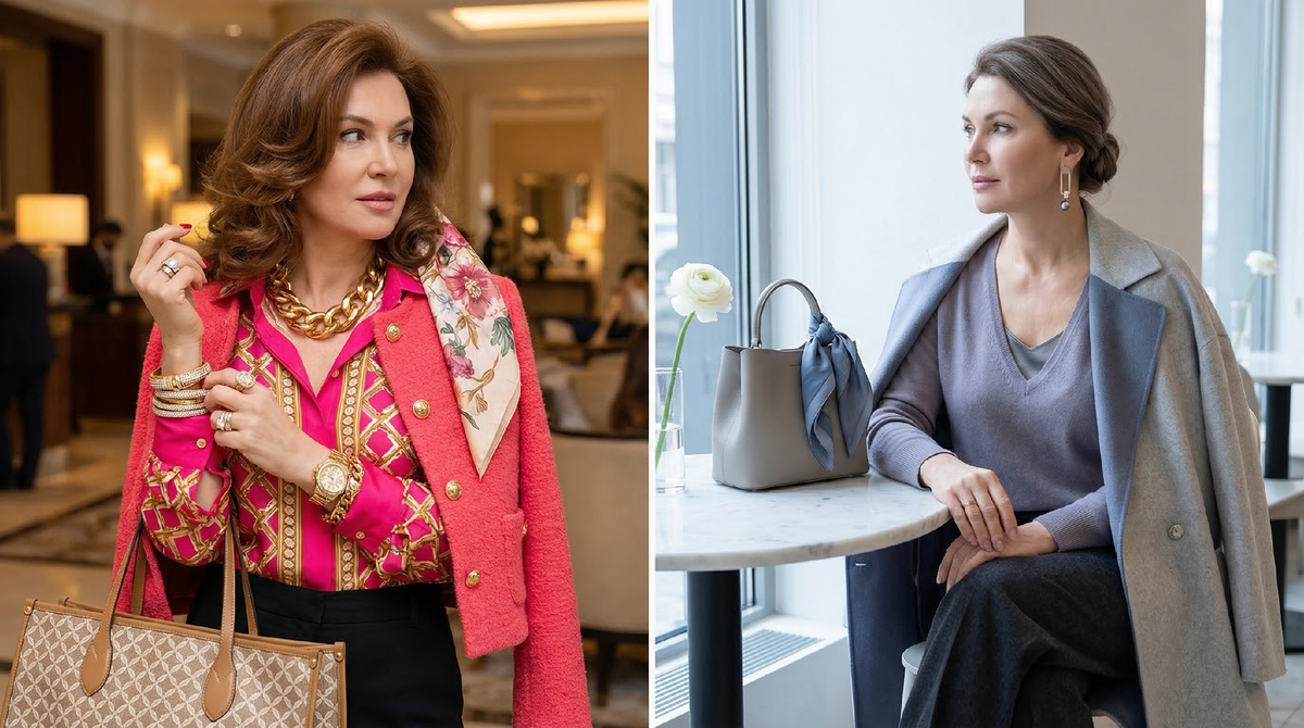 Два контрастных образа: слева - перегруженный аксессуарами и конкурирующими деталями, справа - лаконичный и элегантный. Наглядная разница между «дорого-богато» и настоящим вкусом.