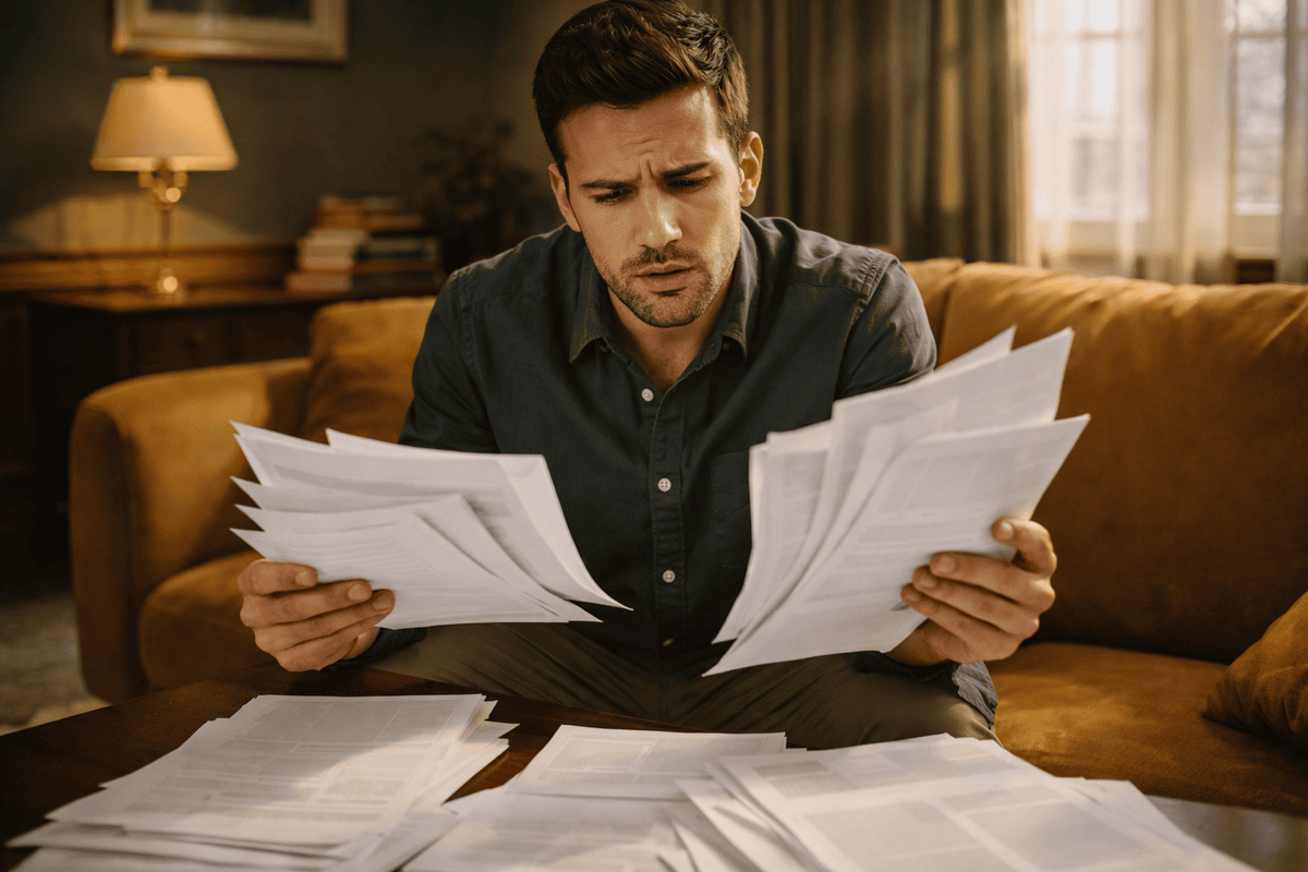 Мужчина изучает документы на квартиру: выписку ЕГРН, кадастровую стоимость и другие бумаги по сделке с недвижимостью.