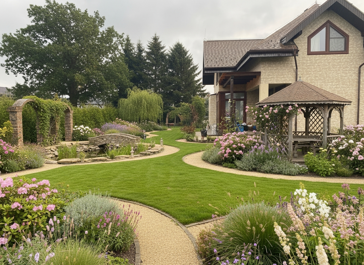  Генерация дизайна английского стиля на фотографию участка клиента