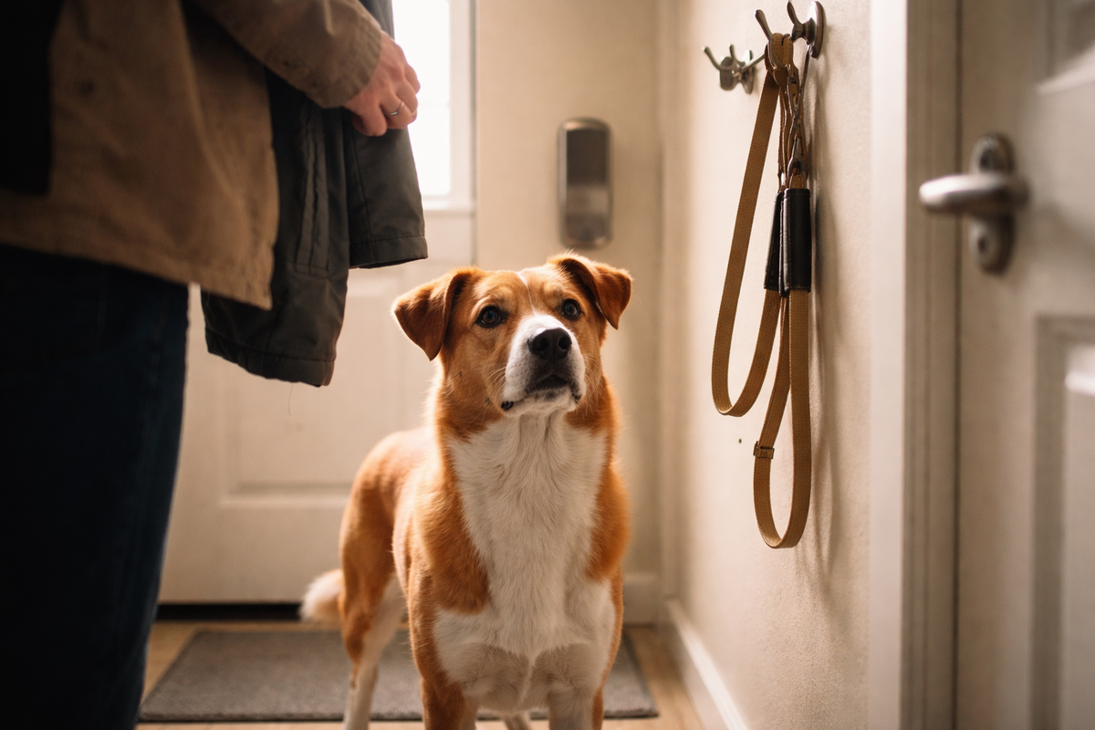 Собака замечает привычный ритуал раньше слов и уже ждёт у двери