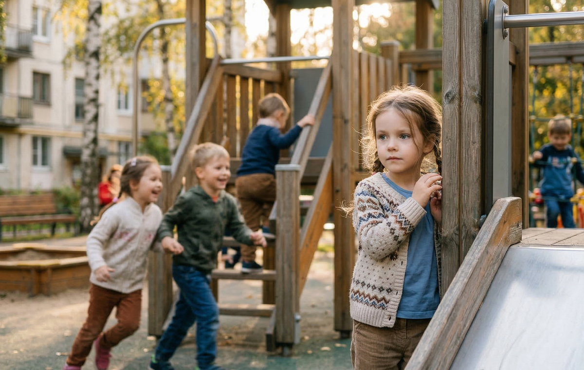 Ребенок, осторожно наблюдающий за игрой сверстников на детской площадке, иллюстрирующий природную аналитическую паузу перед социальным контактом