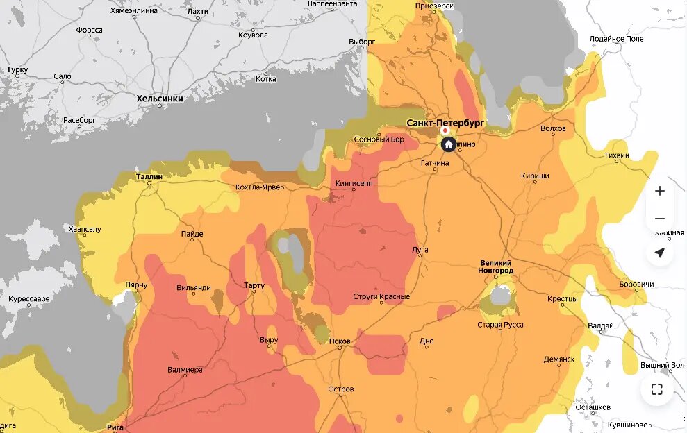    Карта цветения ольхи. Фото: скриншот сервиса «Яндекс Пыльца»