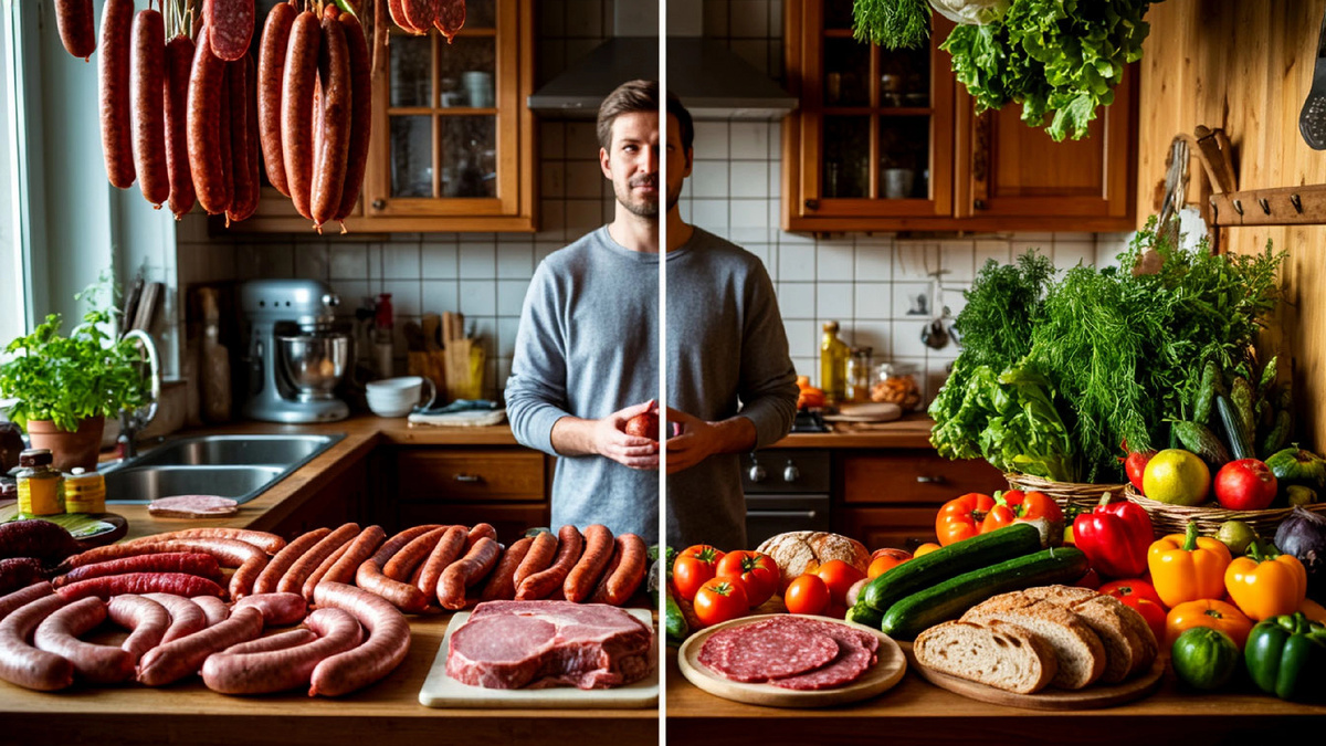 Слева — красное мясо, колбаса и риск. Справа — клетчатка, овощи и забота. Выбор тарелки может определить ваше будущее. Но даже если что-то пошло не так, в России есть маршрут помощи. Главное — не откладывать.