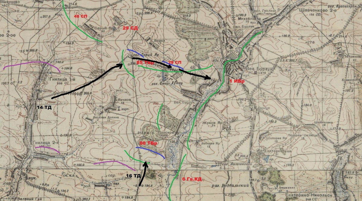 Карта боевых действий 13 июня 1942 г. на участке 13-го танкового корпуса