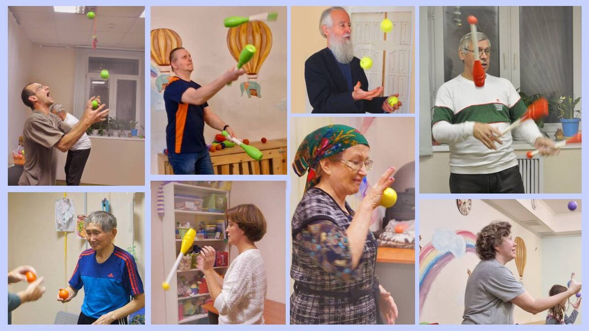 Уроки жонглирования в школе "ВМЕСТЕ". Люди в возрасте тоже приходят на тренировки