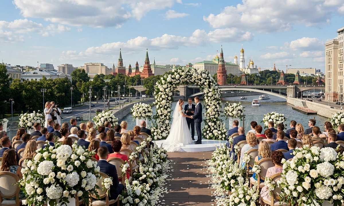 Масштабная и безупречно организованная церемония в одной из самых востребованных и престижных свадебных локаций Москвы с видом на Кремль, что подчеркивает возможности топовых агентств.