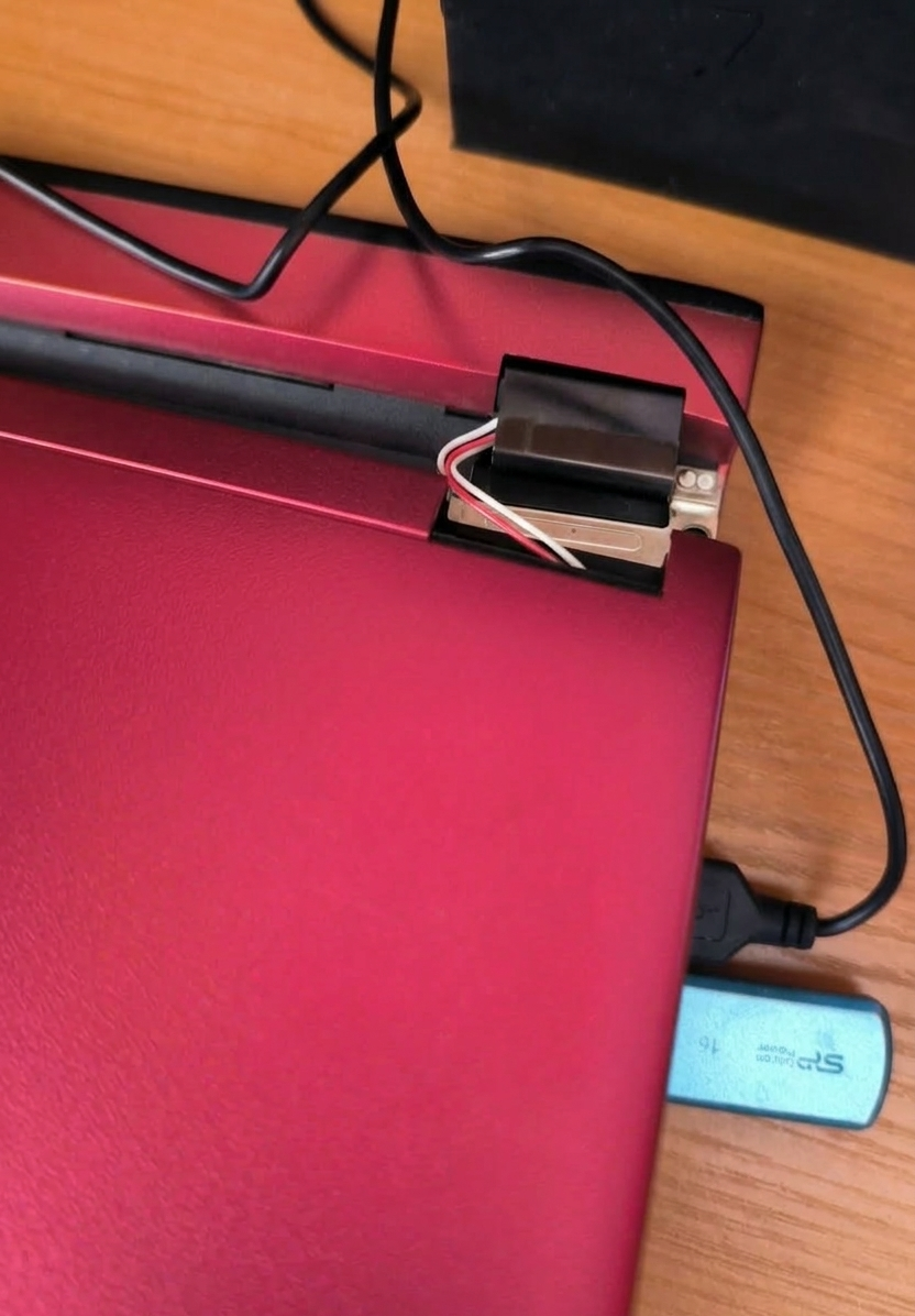 Вот так это выглядит. Крышка повисла на проводе. 