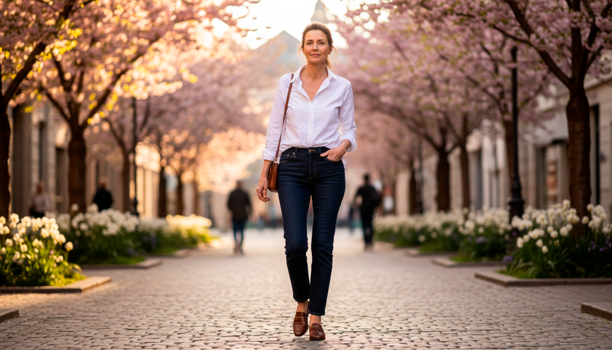 Самое беспроигрышное сочетание для весны: классическая белая рубашка + прямые синие джинсы. 