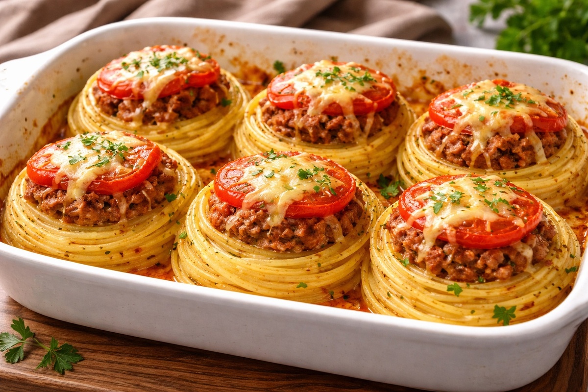 Гнезда из спагетти с фаршем