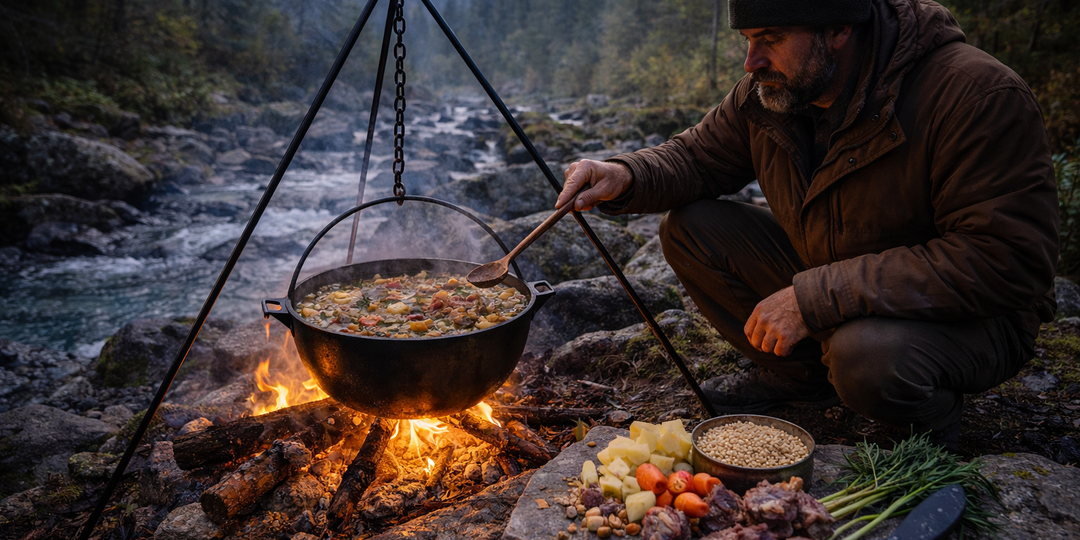 ТАЁЖНЫЙ СУП ИЗ МЯСА КАБАРГИ С ЛЕСНЫМИ КОРЕНЬЯМИ И ЯЧМЕНЁМ, СВАРЕННЫЙ В КОТЛЕ НА КОСТРЕ У ТИХОГО ГОРНОГО РУЧЬЯ