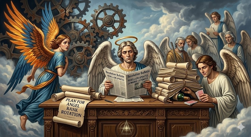 "Сатира в Облаках: Бюрократия Ангелов", иллюстрация создана сетью Джемини