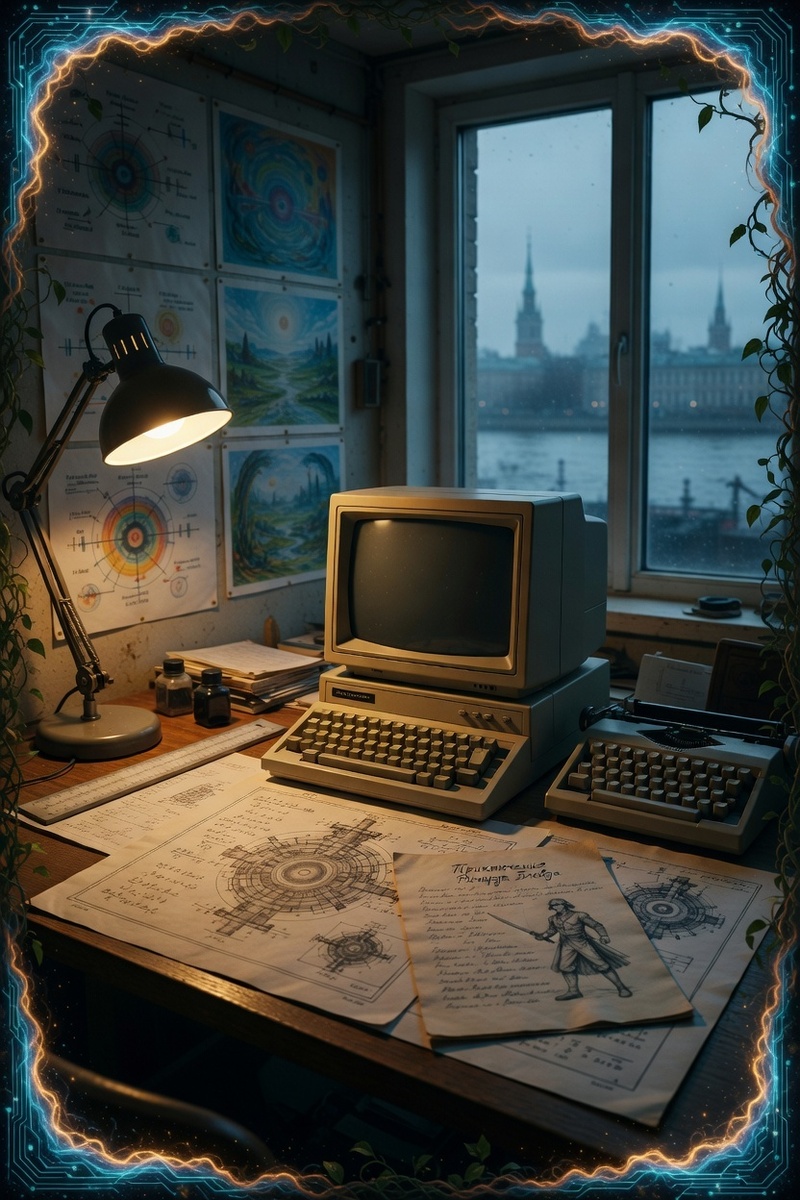 "Рабочий стол Нахмансона – физик за столом с чертежами и рукописями Блейда", иллюстрация создана сетью Грок