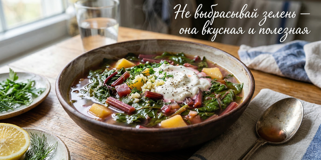 Не выбрасываю ботву от молодой свёклы: варю из неё весенний суп с чесноком и лимонным соком