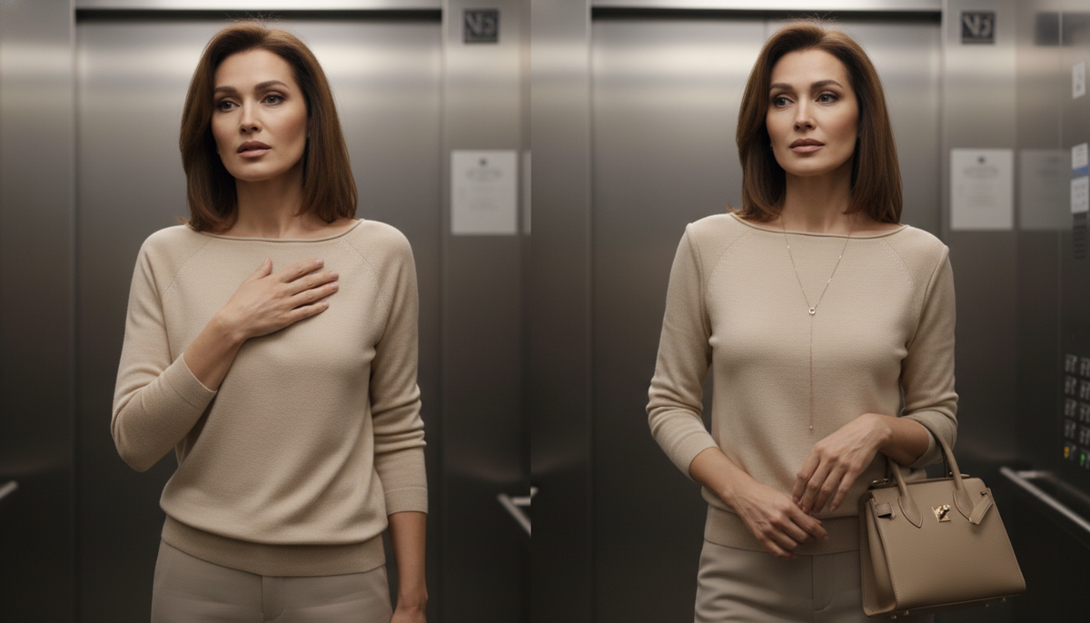 Сравнение в лифте: тонкий джемпер сидит неудачно и выглядит мятой, а при правильной посадке и аксессуарах — собранно