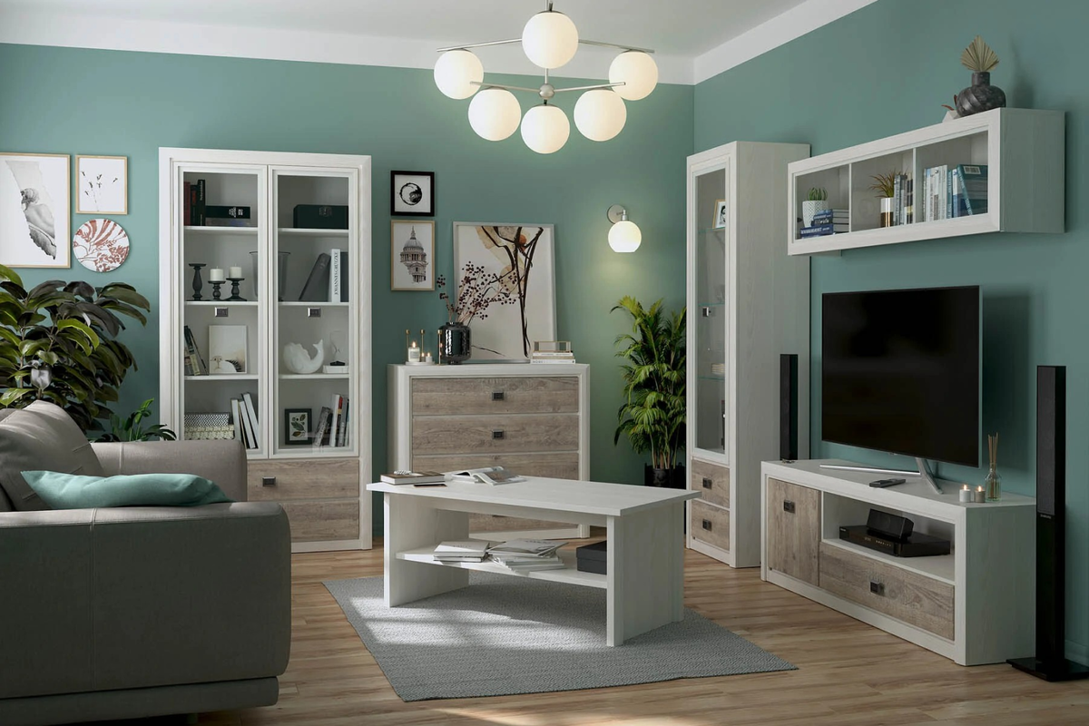 Гармоничная гостиная в базовом цвете и с классической расстановкой в зоне отдыха. Код для поиска коллекции «Коен» на сайте — 468881. 