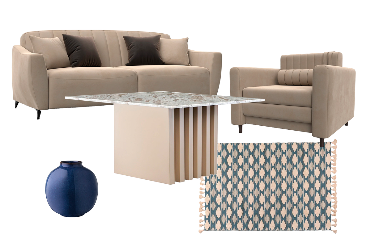 Для создания сета использованы: диван (код для поиска на сайте — 963672), кресло (код для поиска на сайте — 963949), журнальный стол (код для поиска на сайте — 736956), ковер (код для поиска на сайте — 737341), ваза (код для поиска на сайте — 737102).