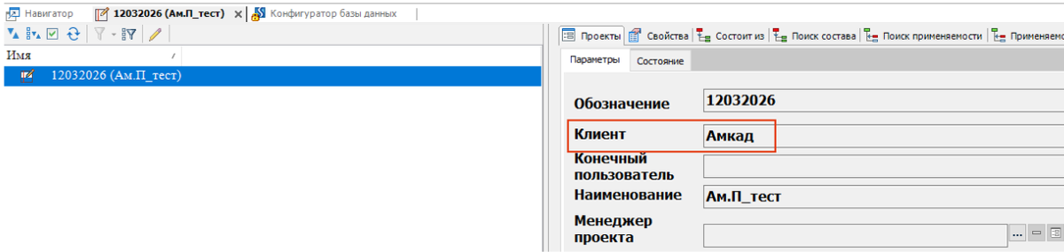 Карточка проекта с заполенным атрибутом Клиент