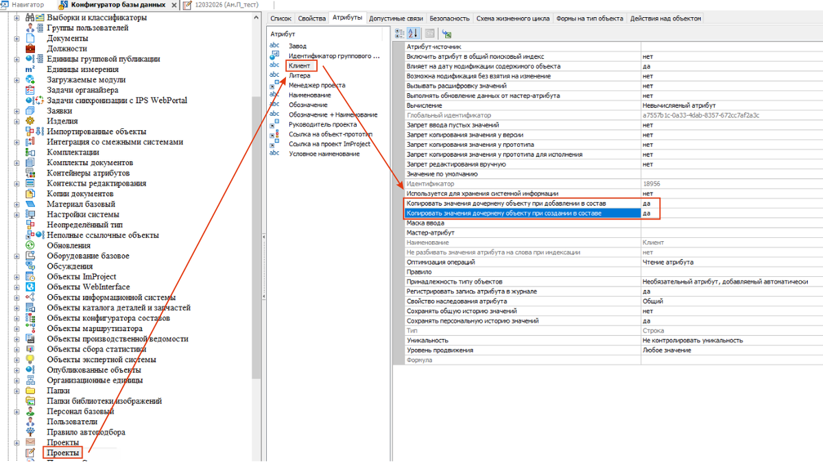 Свойства атрибута для объекта Проекты