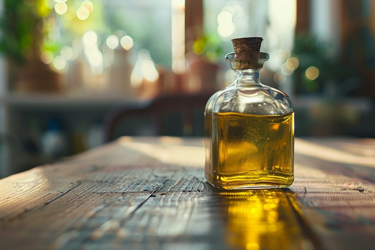 свежевыжатое растительное масло холодного отжима в стеклянной бутылке на деревянном столе