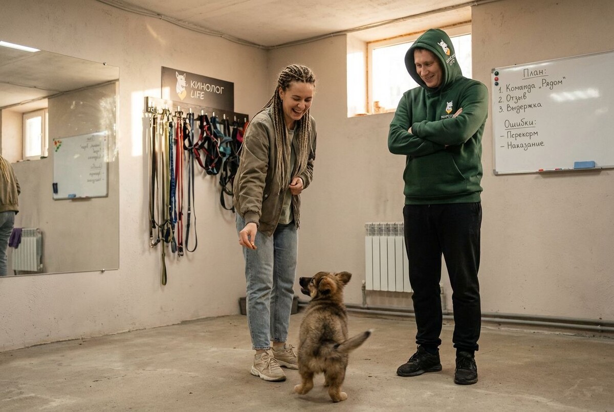 дрессировка щенка — щенок лабрадора на поводке смотрит на хозяина