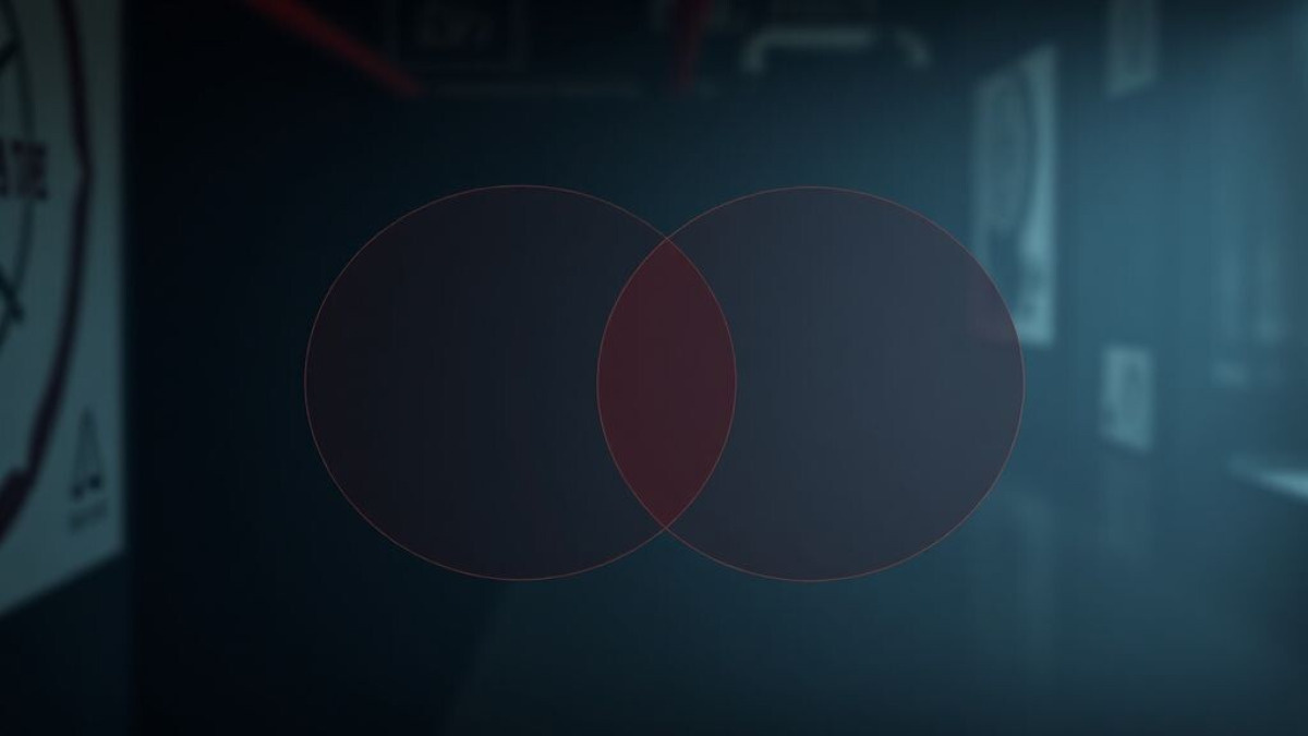 Два пересекающихся круга (диаграмма Венна), показывающих общие и разные части — символизирует анализ взаимосвязей и поиск закономерностей. 