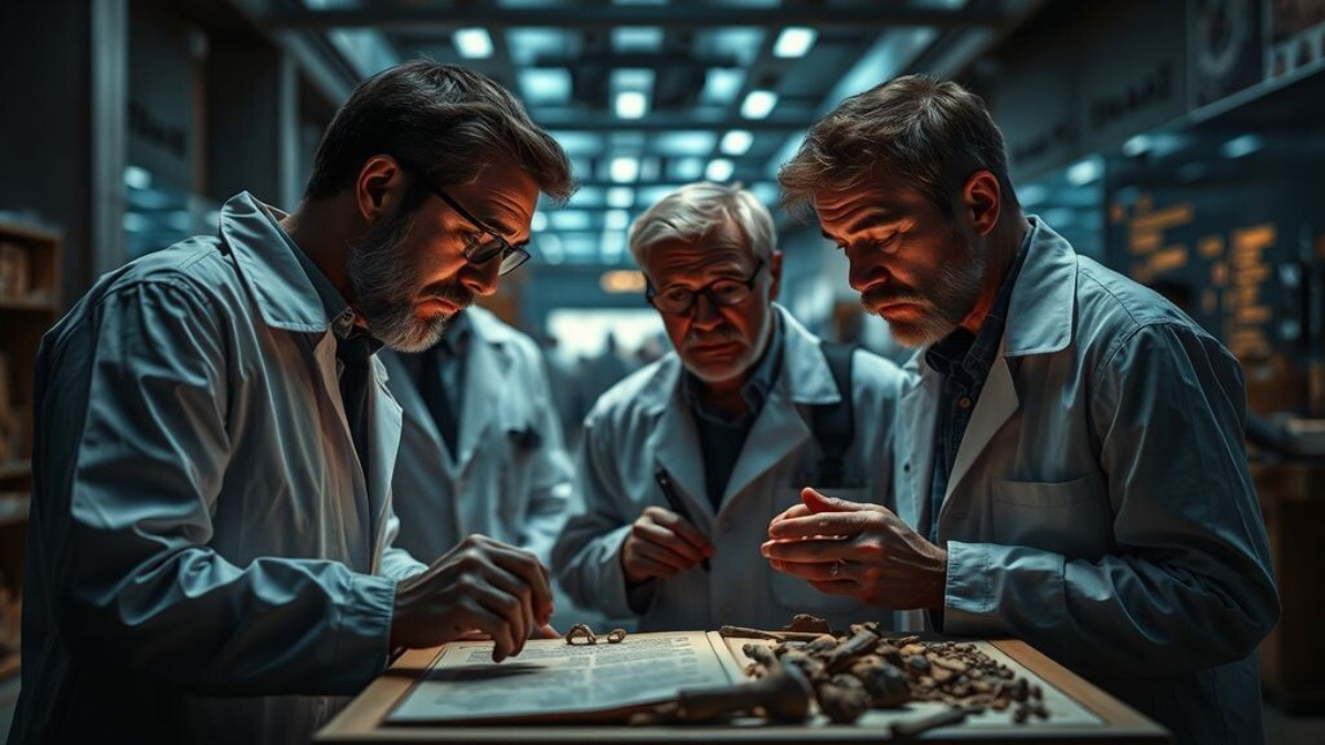 Противостояние — учёные в современном окружении, глядящие на древние объекты или записи с выражением непонимания.