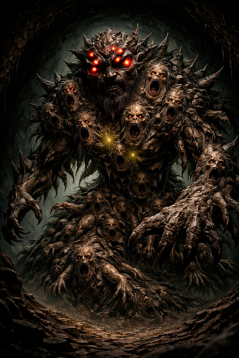 В архивах Химерланда хранится дюжина зарисовок. Ни один не повторяет другой. Потому что никто не видел этот ужас и не вернулся, чтобы рассказать. А те, кто пытался восстановить его облик магией… получили то, что получили. Перед вами — одна из версий. Надеемся, вы с ней никогда не встретитесь..