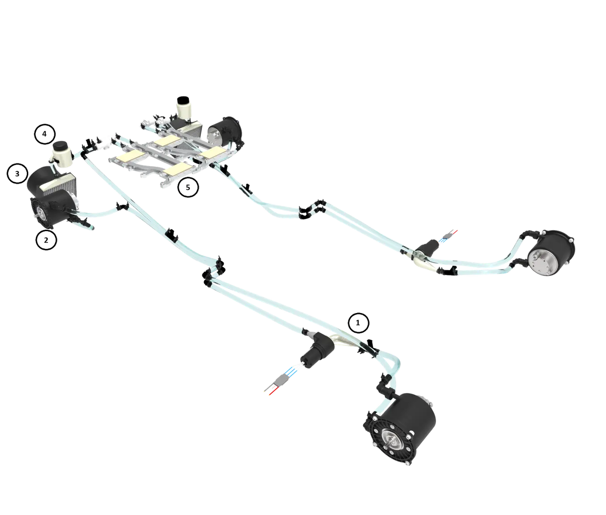 *1. Нестандартный впускной патрубок, напечатанный на 3D-принтере. 2. Рубашки охлаждения двигателя. 3. Нестандартные детали и вентиляторы. 4. Вихревой бачок. 5. Холодная пластина инвертора.*