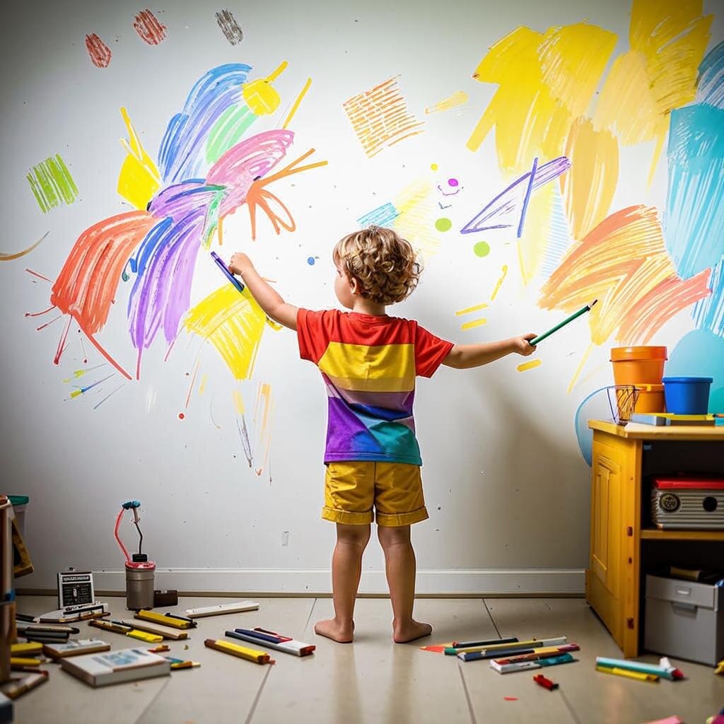 Маленький ребенок рисует дома на стене карандашом_Kandinsky 3.1.