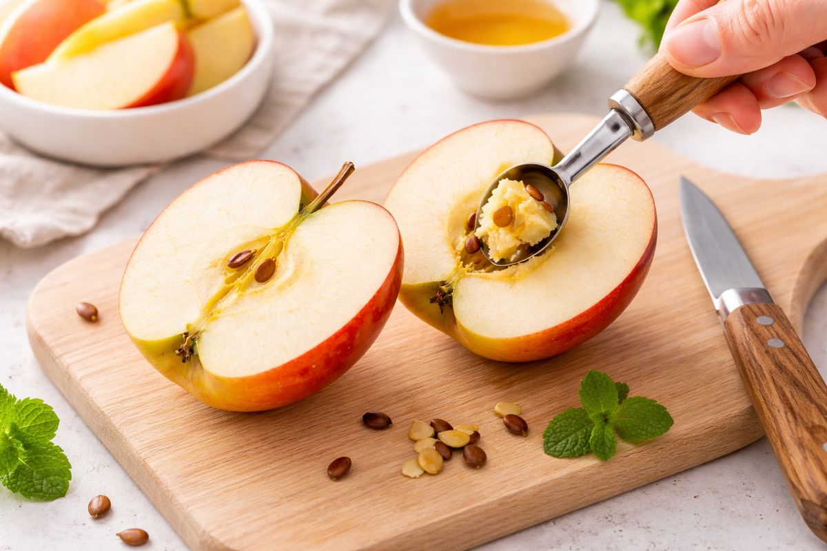 На фото показано, как удаляют косточки из яблока перед отжимом сока — и это критически важно. Даже несколько косточек могут испортить вкус: при разрушении они выделяют вещества, дающие горечь с миндальным оттенком.

Если сок горчит, одна из частых причин — именно семена и косточки, попавшие в соковыжималку. Особенно это касается яблок, груш, цитрусовых и косточковых фруктов.

Перед приготовлением сока всегда удаляйте сердцевину и косточки — это простой шаг, который сразу улучшает вкус и делает сок мягче и приятнее.