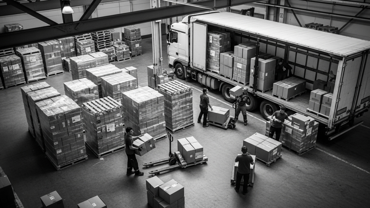 Вид сверху на складскую зону: аккуратно расставленные коробки и палеты, рядом — грузовик с открытой задней дверью, рабочие переносят грузы.