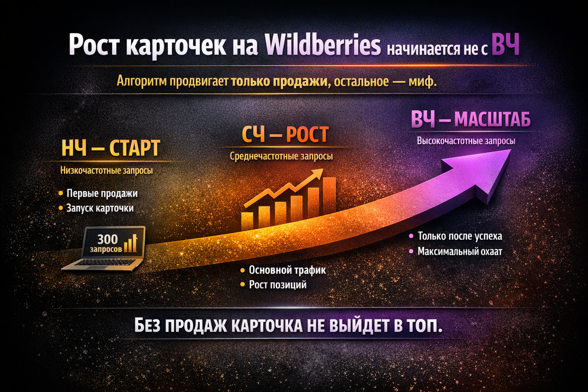 Схема роста карточки товара на Wildberries через низкочастотные (НЧ), среднечастотные (СЧ) и высокочастотные (ВЧ) запросы. Показано, что алгоритм маркетплейса масштабирует только те товары, которые уже подтверждены продажами: сначала формируются первые заказы на НЧ, затем карточка растёт в СЧ и только после этого выходит в ВЧ.