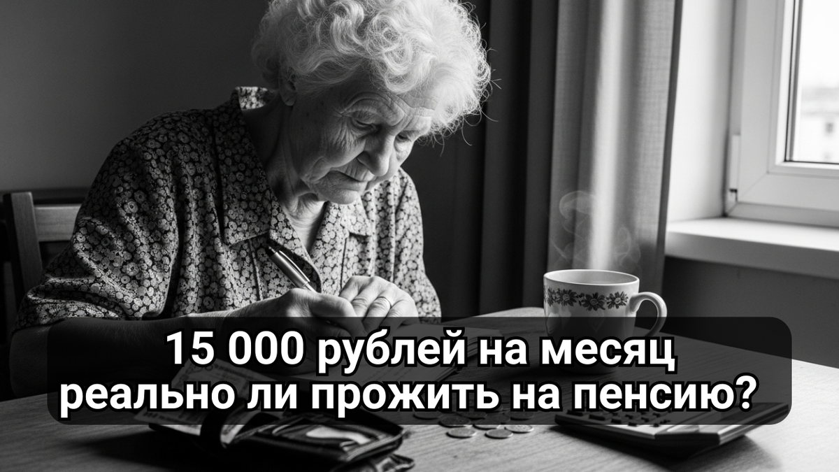 Пожилая женщина сидит за столом, аккуратно записывает что то в блокнот, рядом — кошелёк, несколько монет, калькулятор.