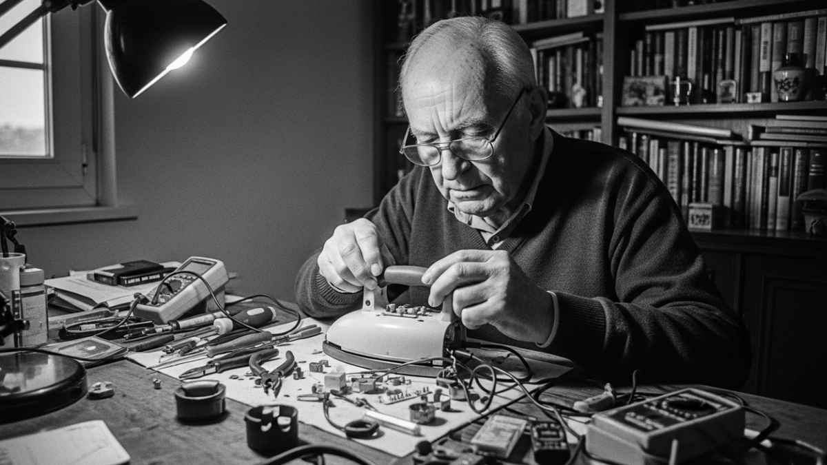 Пожилой мужчина ремонтирует небольшой электроприбор (фен или утюг) за рабочим столом. Вокруг — инструменты, детали. В углу комнаты — полка с книгами.