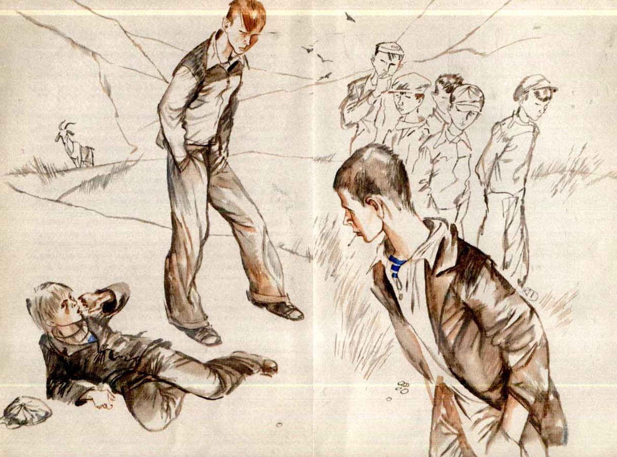 Вадик и Птаха избивaют главного героя. Иллюстрация к рассказу "Уроки французского". Художник В. Гальдяев
