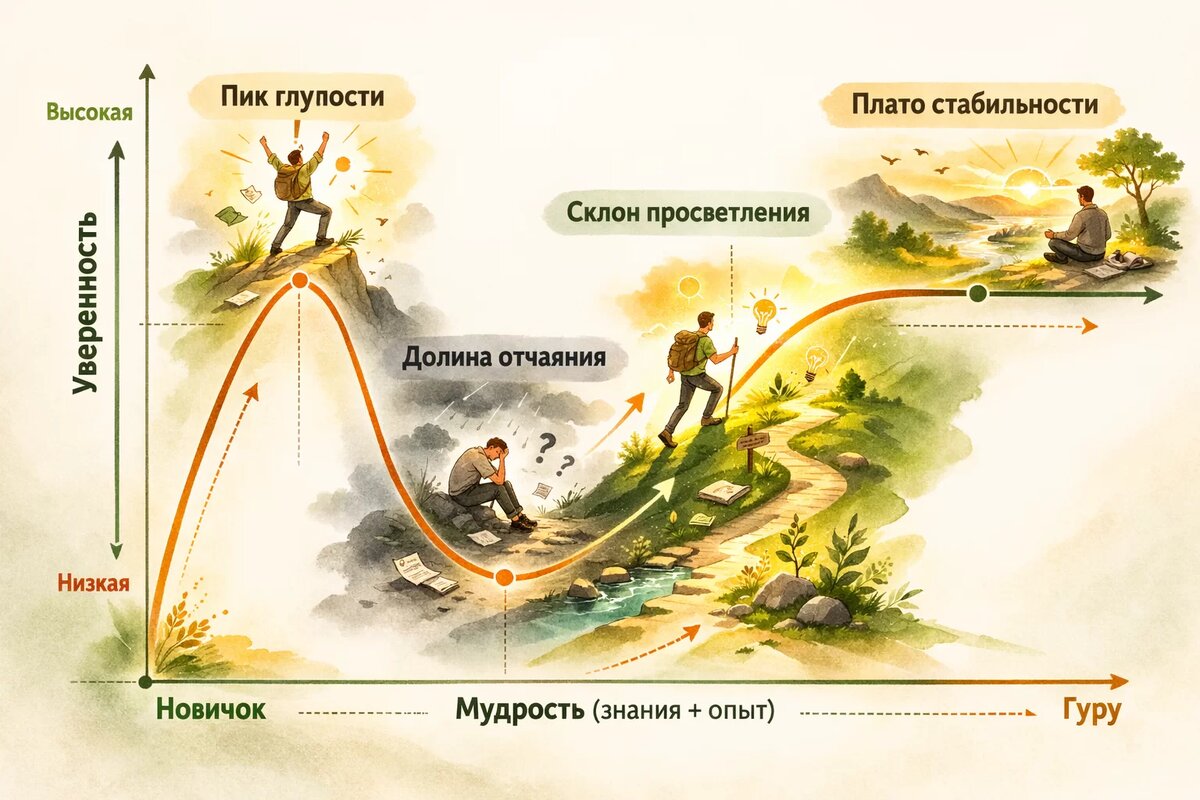 Визуальная схема внутреннего пути: от ложной уверенности новичка через кризис понимания к спокойной зрелости и устойчивому восприятию мира.