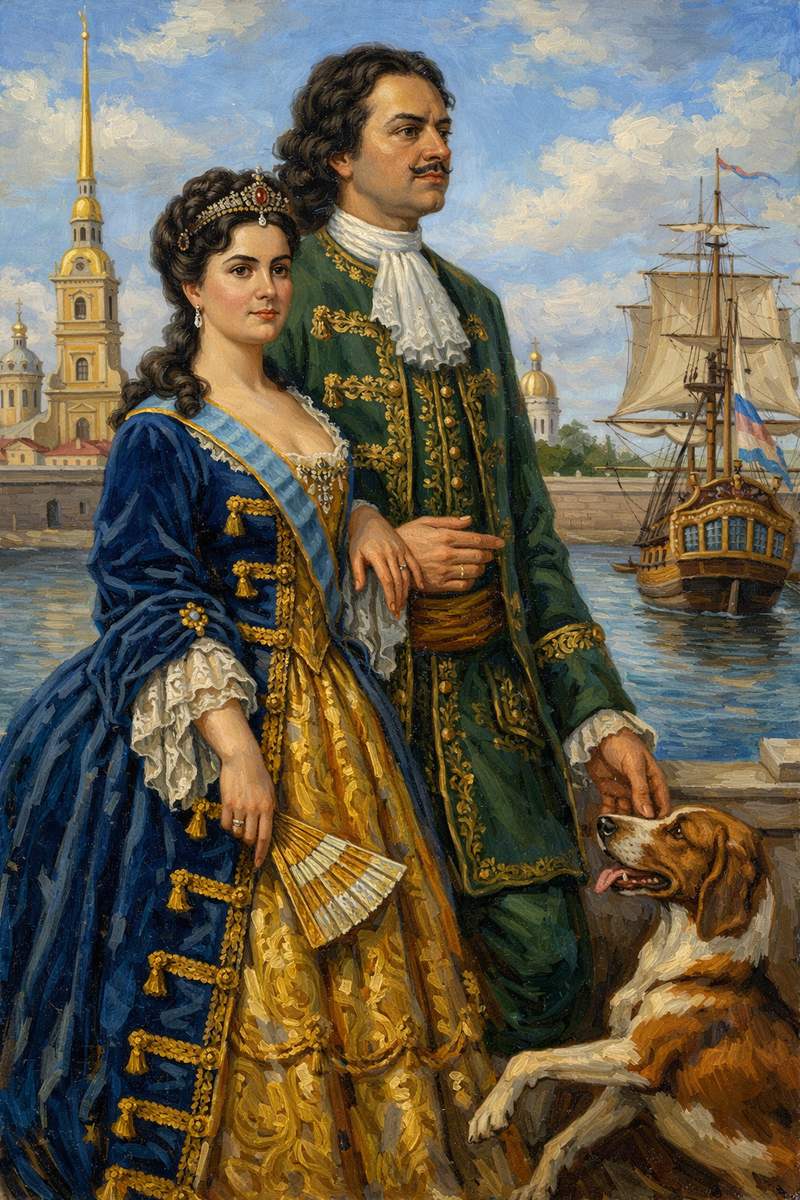 Екатерина I гуляет с мужем Петром I по набережной в Санкт-Петербурге (восстановленная и раскрашенная гравюра)