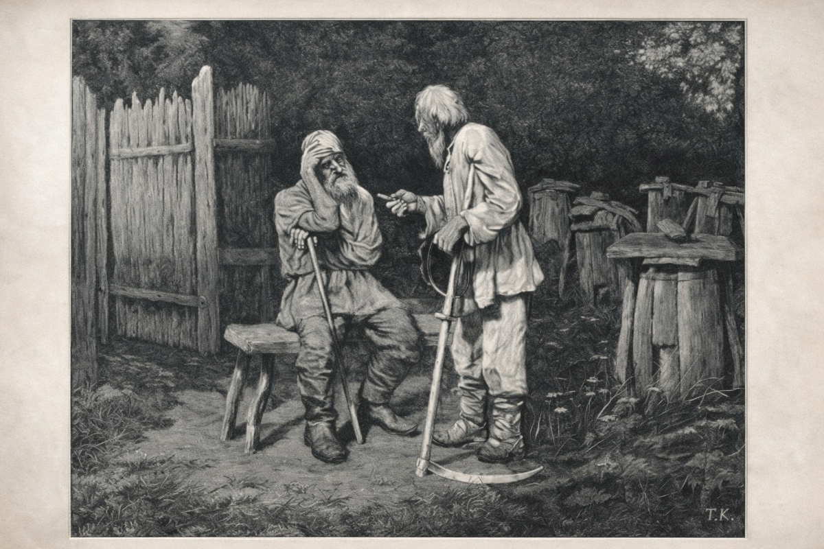 Справа несколько ульев. Скорее всего где-то рядом есть пруд или река. 