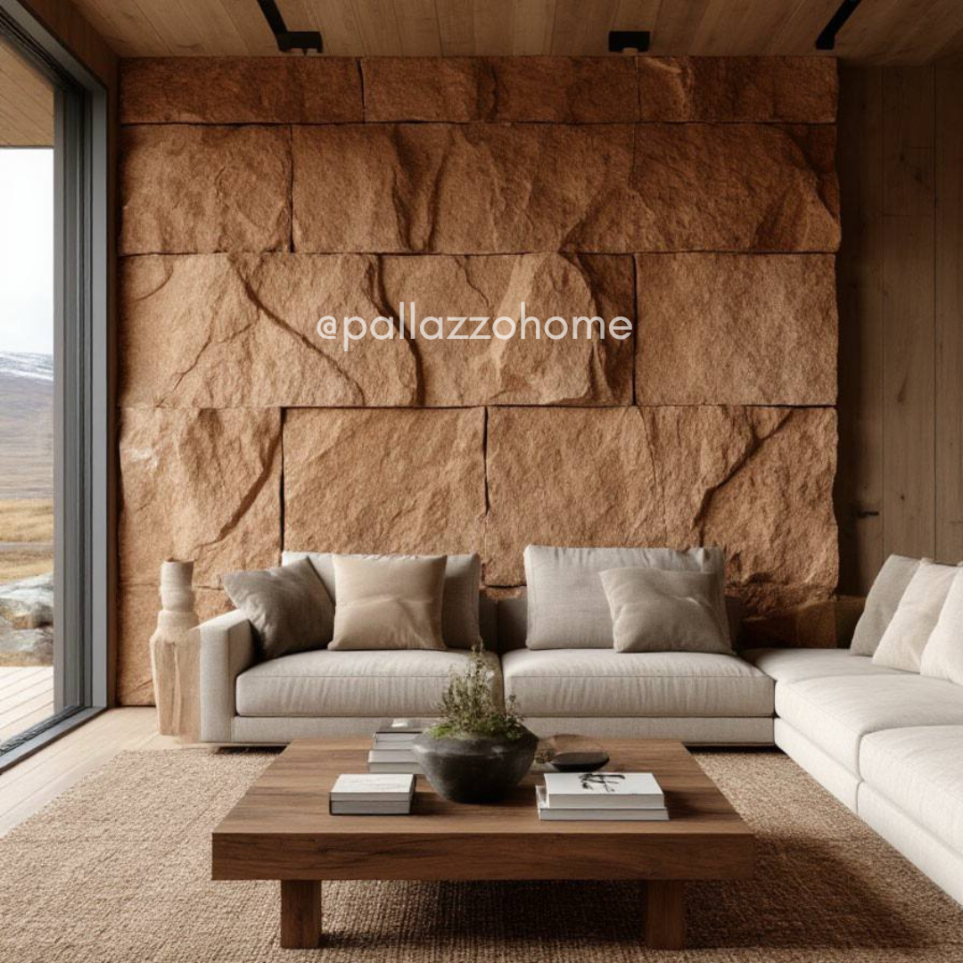 Акцентная стена в интерьере гостиной с эффектом каменных блоков: декоративное покрытие для стен, тёплая природная фактура, современный интерьер, крупный рельеф, арт-объект вместо традиционного декора.