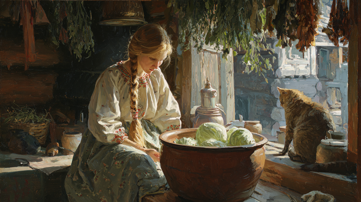 Юная хозяйка занята обычными хлопотами, а рядом — пушистый страж, который будто бы что-то знает про невидимых гостей. Кто из них первым заметит доброго духа дома?