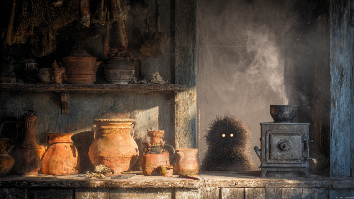 Тайная жизнь за печкой: кажется, только едва уловимый взгляд да лёгкий пар укажут, что в этом тёплом углу притаился сам хозяин дома.