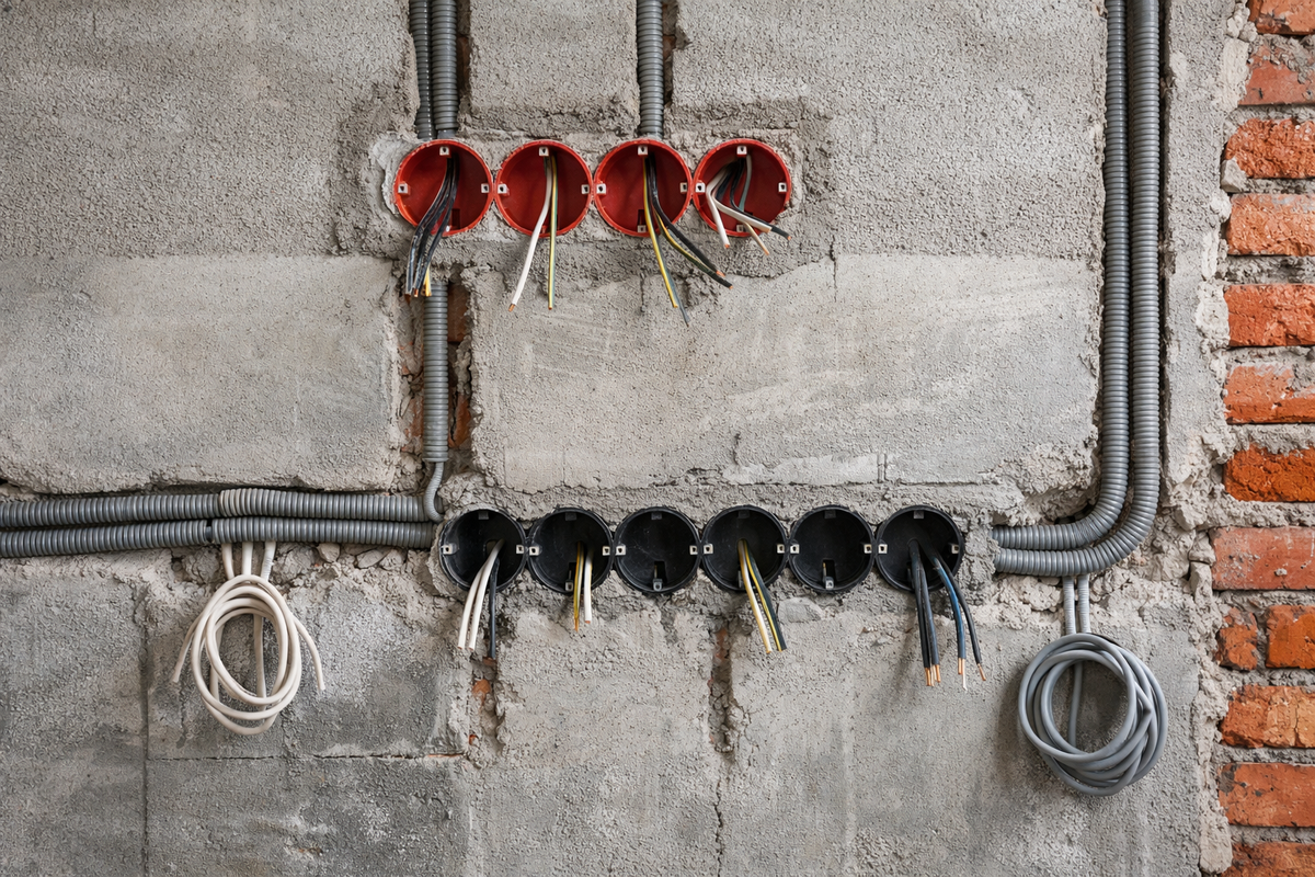 Черновая электрика до заделки штроб: точки, кабельные линии и подрозетники должны быть продуманы заранее.