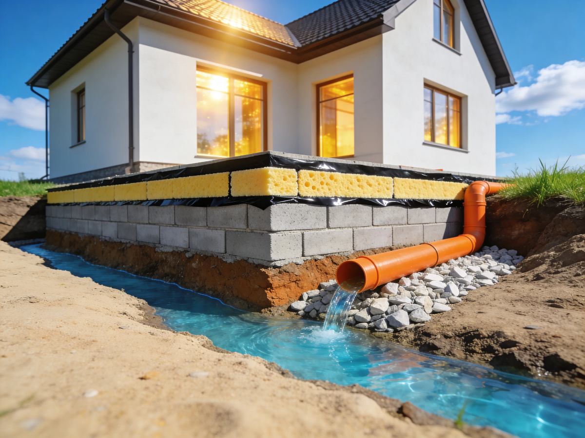 Найдите на фото, где спряталась гидроизоляция, а где утеплитель. Если видите чёрную прослойку между бетоном и жёлтым ЭППС — значит, дом построен с умом. А если не видите... может, пора переделывать?