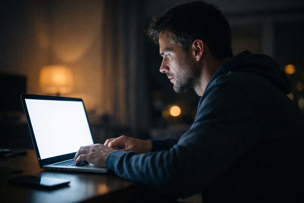 Если работать с ноутбуком в темноте, глаза устанут быстрее, чем днем. Источник: нейросеть📷
