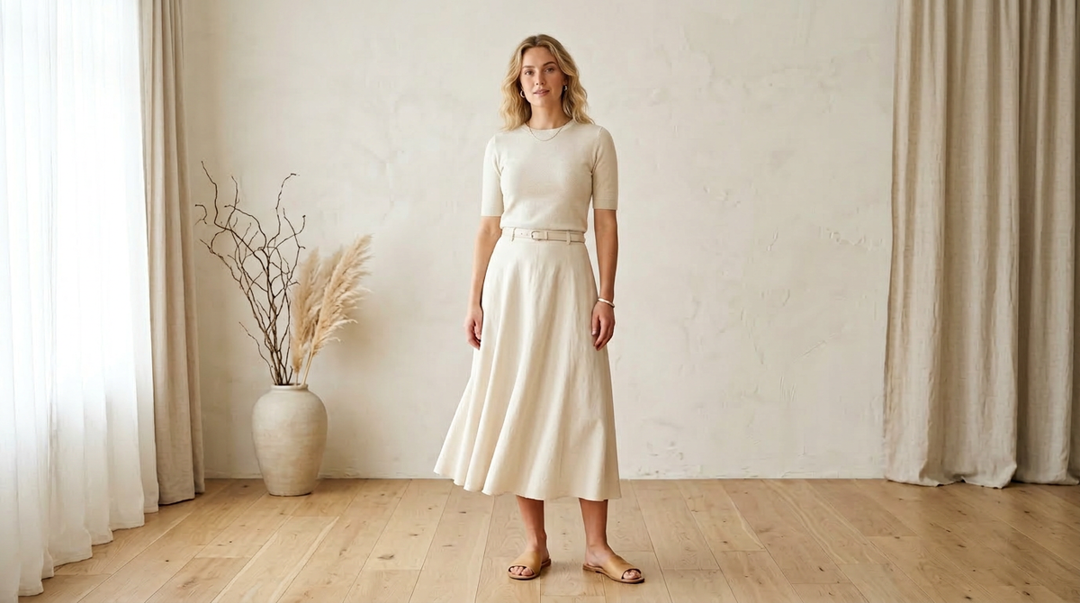 А-юбка миди и топ в один тон — тональный образ весна-лето 2026, который создаёт вертикаль