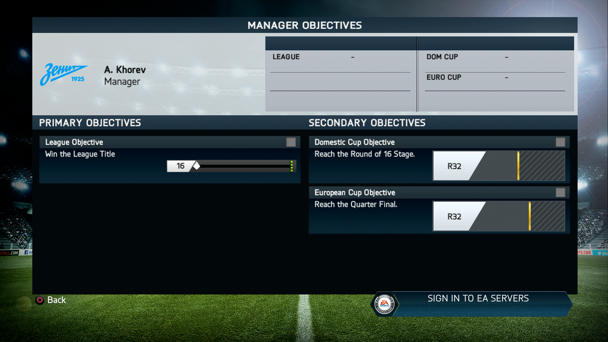 Задача вполне вменяемая - выиграть чемпионат, выйти в 1/16 Кубка России (здесь от слова совсем не понятна задача, т.к. клуб уже начинает свой путь с 1/8, но да ладно) и дойти до 1/4 Лиги Чемпионов. 