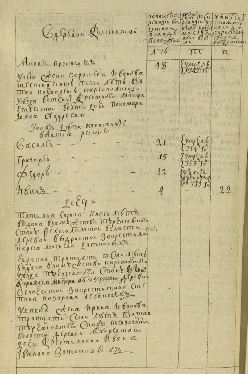 , Ревизская сказка 1744 года д. Колосовой Турчасовского стана