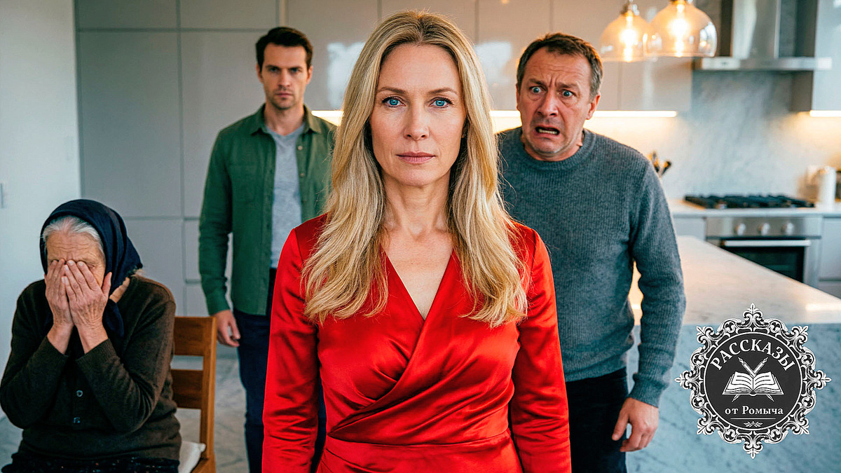 Женщина, светлый блонд, голубые глаза, в ярко-красном шелковом платье, стоит в центре кухни. Она спокойна и величественна. На заднем плане муж в тусклом сером свитере, его лицо искажено страхом, за ним стоит мужчина в штатском. Рядом на стуле сидит пожилая женщина в темном платке, закрыв лицо руками. Фокус на торжествующем и холодном взгляде женщины в красном.