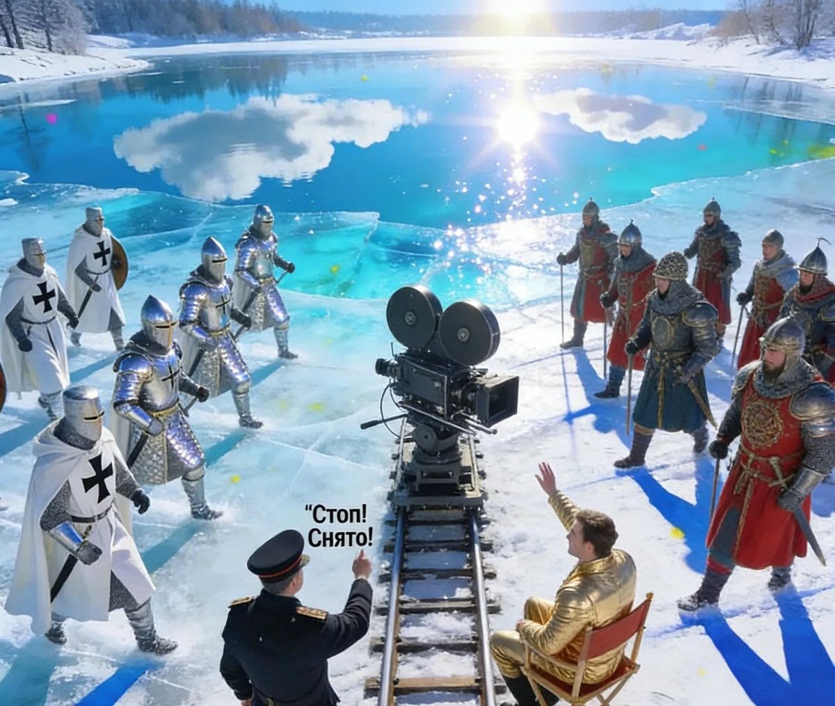 Красивая картинка: рыцари, лёд, битва. Прямо как в кино! А знаете, именно так оно и есть. Сцену, где псов-рыцарей топит Чудское озеро, придумал режиссёр Эйзенштейн в 1938 году. В реальности никто не тонул. Но мы до сих пор верим в "генерала Мороза".