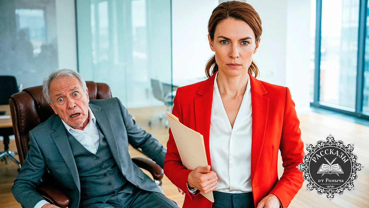 Женщина с темно-серыми глазами и каштановыми волосами, в ярко-красном деловом пиджаке, стоит в центре офиса с папкой документов в руках. На заднем плане её пожилой отец в сером костюме, с выражением ужаса и осознания проигрыша на лице, оседает в кожаное кресло. Фокус на решительном лице женщины и эмоциональном крахе отца.